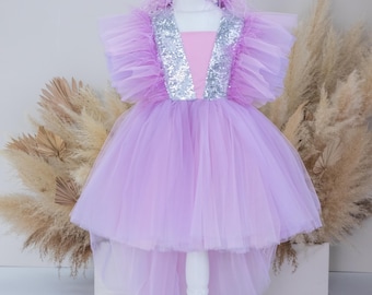 Lavender Birthday Baby Dress, Tutu, Party Dress, Purple Graduation, Sparkling Princess Gown, Pageant Toddler Dress, High Low Dress, Train