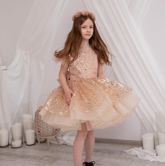 etsy gold dress Shinning Birthday Girl Gown, Prom & Wedding Flower Girl Dress, Feathers Sleeve, Knee Tutu Pageant Baby Dress, Special Occasion group-DHD9985