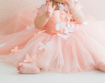 READY TO SHIP Baby Dress, Butterfly Birthday Girl Dress, First Birthday Dress, Peach Toddler Dress With Butterflies, Fast Delivery