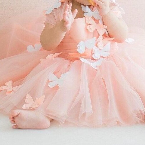 READY TO SHIP Baby Dress, Butterfly Birthday Girl Dress, First Birthday Dress, Peach Toddler Dress With Butterflies, Fast