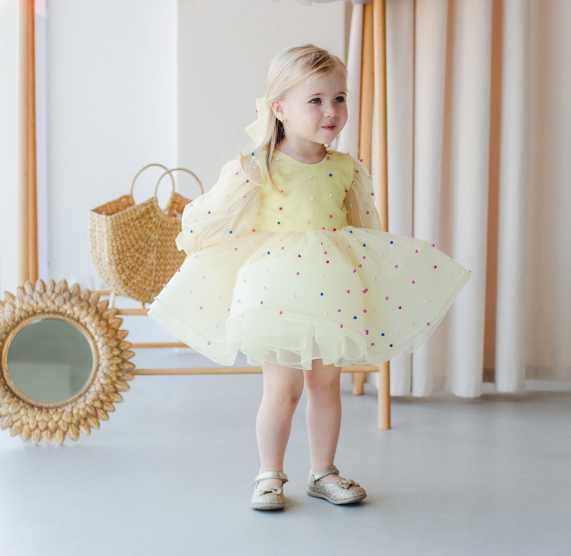 Caramel Birthday Baby & Girl Dress, Flower Girl, Long Sleeve