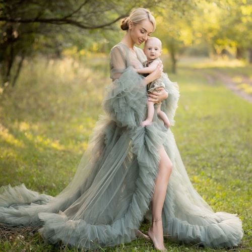 sage green maternity dress photoshoot Sage Green Robe for Photoshoot, Maxi Transparent Tulle Boudoir for Woman,  Pregnancy Robe With Train, Puffy Sleeve, Maternity Oversize Dress