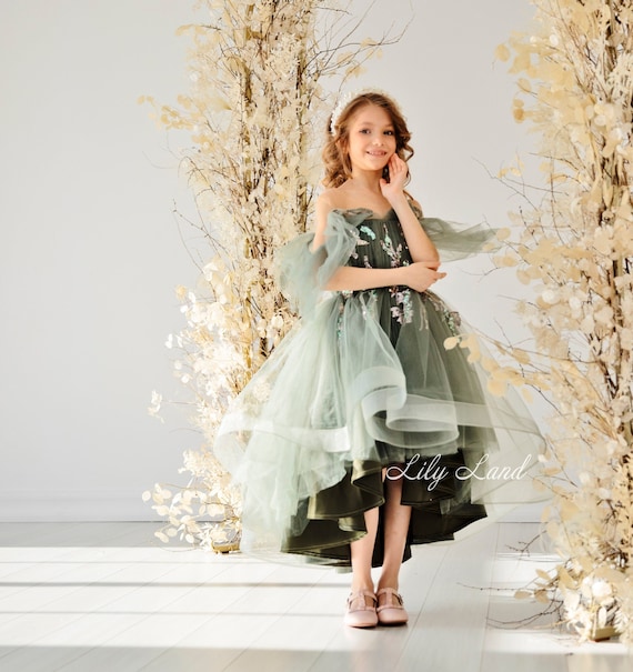 hunter green party dress Hunter Green Flower Girl Dress, Birthday Party Girl Dress, Hi Lo Tulle Dress,  Prom Pageant Dress, Princess Dress, Fairy Dress, Boho Outfit