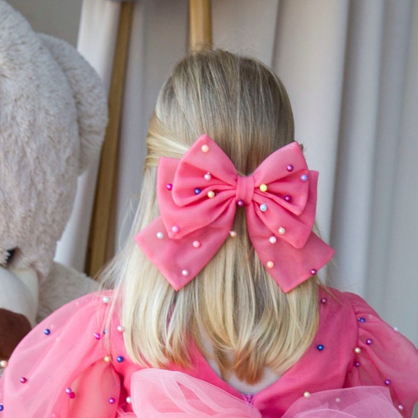 Hot Pink Birthday Hair Pin, Big Head Bow, Girl Headband, Beads Hair Bow, Flower Girl Headband, Graduation Hair Accessory