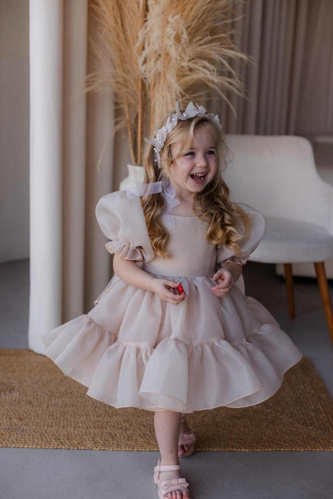 cream dress for baby girl Abel & Lula Baby Girls Puffed Dress_ 5004 6-9 Months / Cream