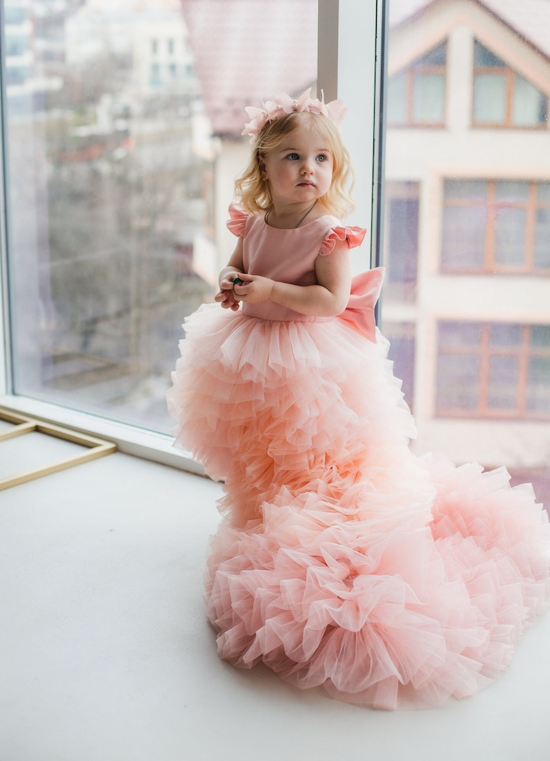 May include: A young girl wearing a pink tulle dress with a large bow on the back. The dress has multiple layers of tulle and is very full. The girl is standing in front of a window with a blurry background.