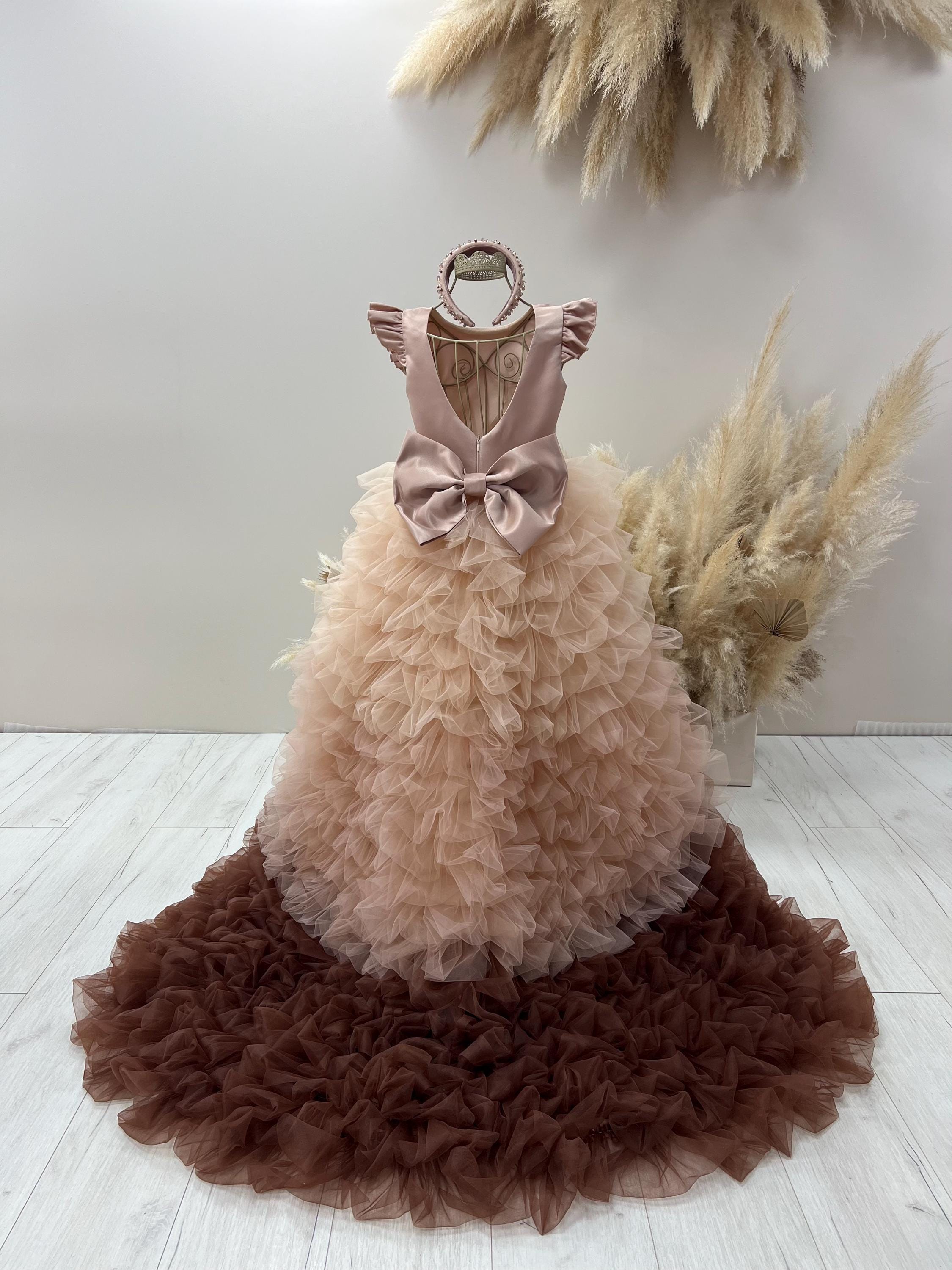 Brown Flower Girl Dress, Birthday Girl Dress, Long Train, Prom Ball Gown, Blush Gradient Toddler Dress, Special Occasion, Princess Dress