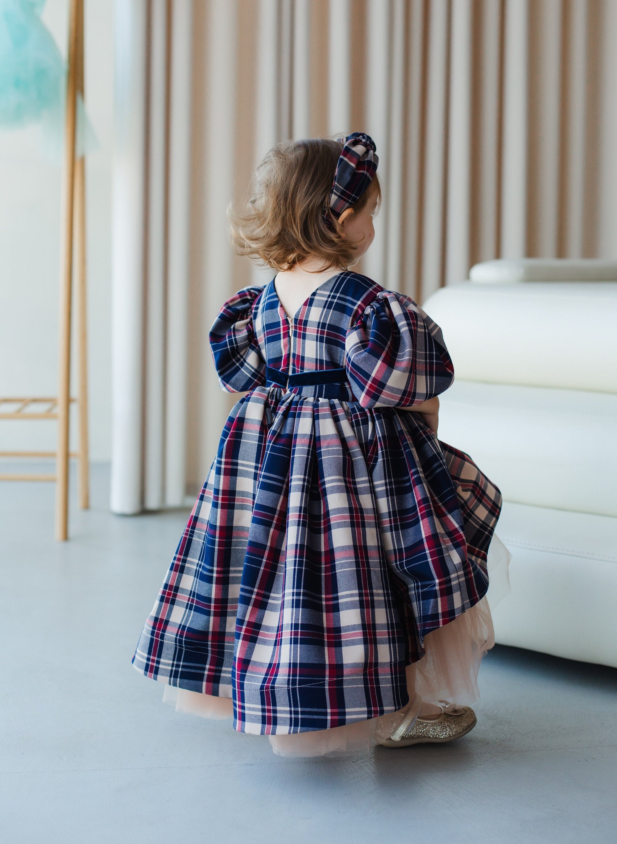 infant plaid christmas dress Blue & Red Christmas Plaid Dress, Photoshoot Baby Dress, Girl Santa Costume, Flannel Toddler Dress, Puffy Sleeve, Xmas Kids Outfit