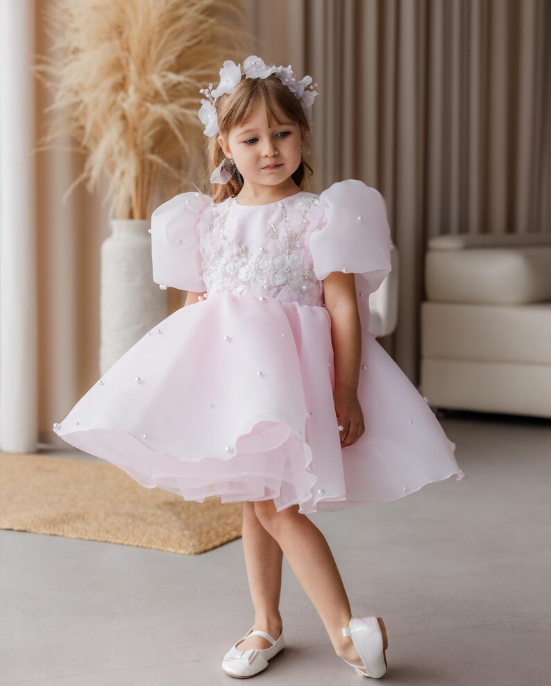 Puede incluir: Una ni&ntilde;a peque&ntilde;a con un vestido de tul rosa con adornos de perlas y una corona de flores blancas. El vestido tiene mangas abullonadas y una falda de capas.