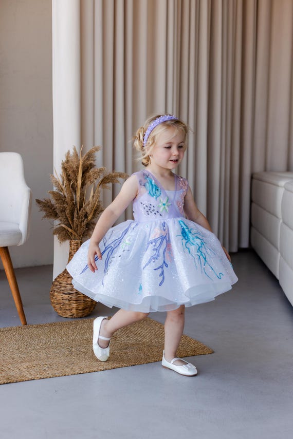blue floral toddler dress Sparkling Birthday Girl Dress, Mermaid Baby Dress, Flower Girl Dress, Tutu Dress, Marine Style Dress, 1st Birthday Size:UK 16 / US 12 / EU 44 backstyle_Lace-up Wedge Salad with Blue pink and green floral