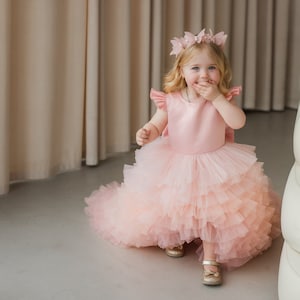 READY TO SHIP, Peach Birthday Girl Dress, Ombre Flower Wedding, Baptism, Tutu Tulle Baby Dress With Train, Formal Event Dress, Prom Dress image 6