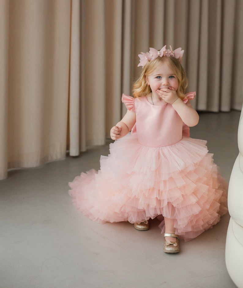 READY TO SHIP, Peach Birthday Girl Dress, Ombre Flower Wedding, Baptism, Tutu Tulle Baby Dress With Train, Formal Event Dress, Prom Dress image 6