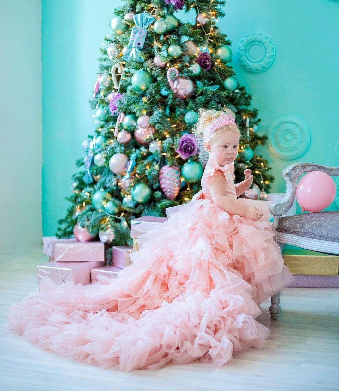 Blush Pink Birthday Baby Girl Gown, First Year Birthday Party Dress, Gown With Train for Baby