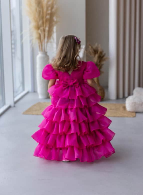 Fuchsia Pink Pageant Dress, Hi Lo Princess Dress, Flower Girl Gown, Ruffled Dress With Train, Junior Bridesmaid Baby Girl Gown, Prom Dress