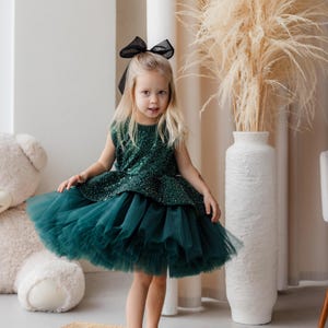Sparkling Green Graduation Baby Girl Dress, Ready To Ship, Birthday Party Tutu Girl Dress, Pageant Dress, Sequined Peplum Dance Girl Dress