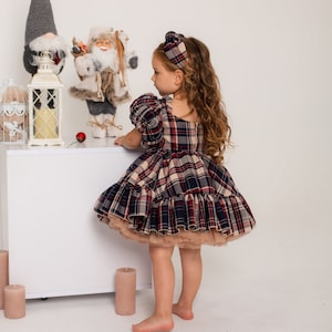 Christmas Plaid Baby Girl Dress, Blue & Red Photoshoot Costume, Tutu Flannel Kids Dress, Holiday Xmas Outfit, Puffy Sleeve, Ready To Ship
