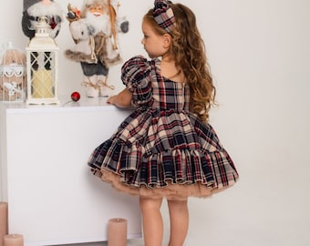 Christmas Plaid Baby Girl Dress, Blue & Red Photoshoot Costume, Tutu Flannel Kids Dress, Holiday Xmas Outfit, Puffy Sleeve, Ready To Ship