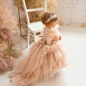 Bloemenmeisjesjurk met trein, verjaardagsjurk babymeisje, jurk met parels appliqué, jurk eerste verjaardag, jurk fotoshoot meisjesmeisje, prinsesjurk
