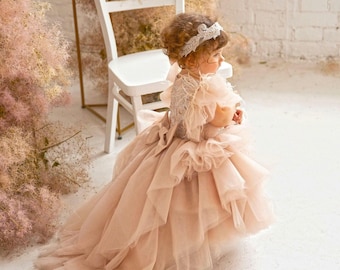 Flower girl dress with train, birthday baby girl dress, pearls applique dress, first birthday dress, photoshoot girl dress, princess dress