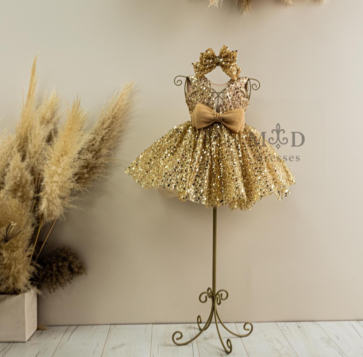 childrens gold party dress OT013 Elegance Sparkle Kids Gold Dress High Neckline Ruffled Short Sle –  Outong main image 1