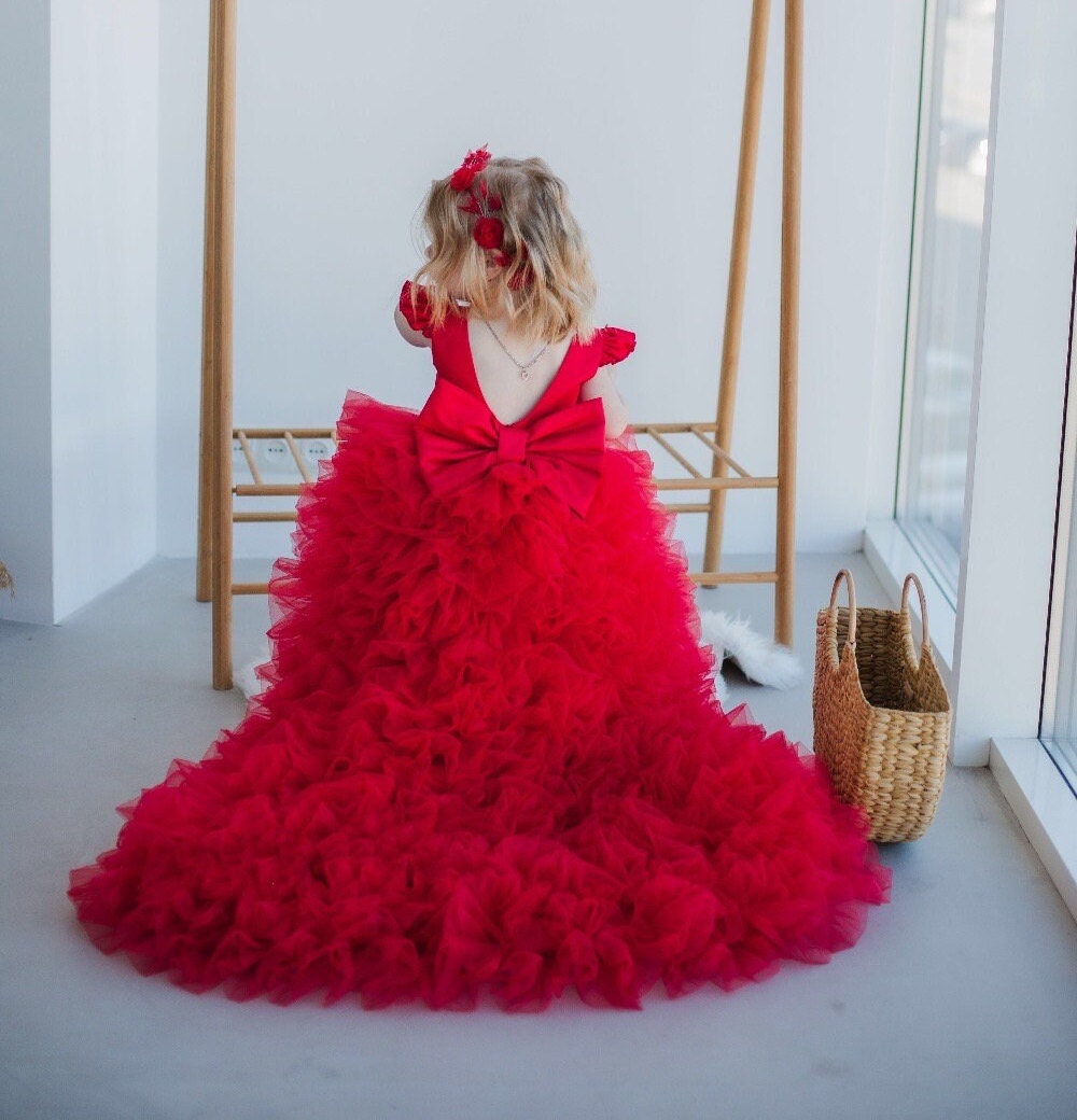 Red birthday party low high dress for girls, gorgeous gown with long train for kids, kids formal clothes, custom sized Red tulle dress Red birthday party low high dress for girls, gorgeous gown with long train for kids, kids formal clothes, custom sized Red tulle dress