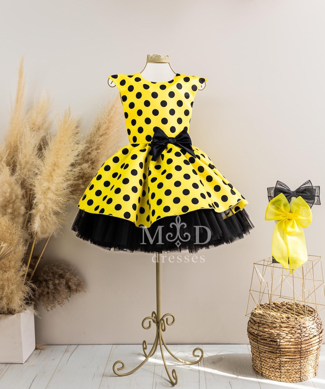 Yellow Black Polka Dot Girl Dress, Wedding Guest, Fairy Tale