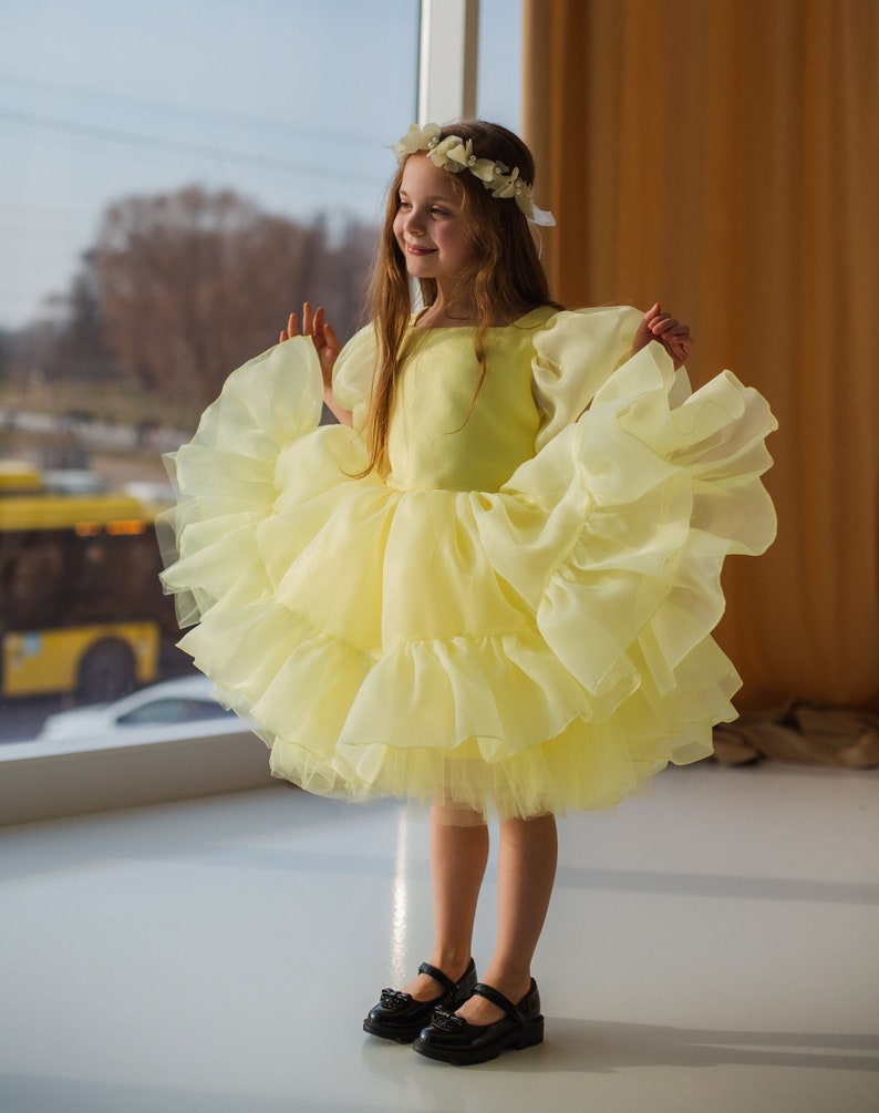 Yellow Birthday Girl Dress, Flower Girl Dress, Tutu Puffy Baby Dress, Christening Dress, Special Occasion Dress, Short Puffy Dress image 5