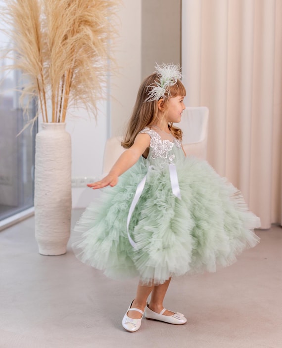 sage green tutu dress Sage Green Lace Flower Girl Dress: Tulle Tutu Holiday Wedding