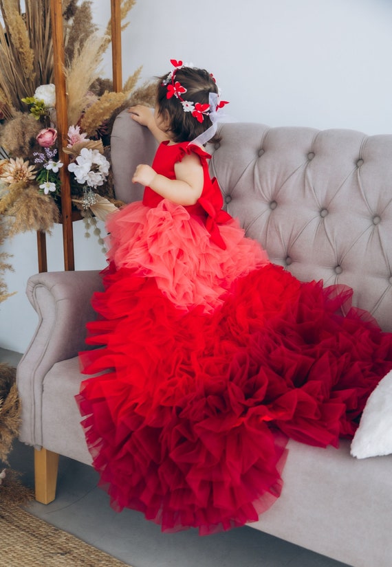 Girls' Red 3D Flower Beaded Dress | Sara Dresses