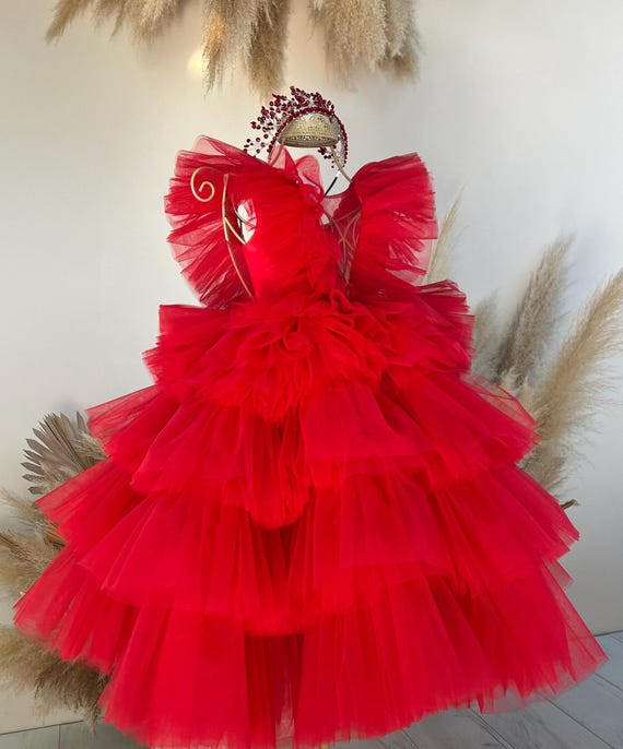 Red birthday baby girl dress, photoshoot girl dress, maxi puffy girl dress floor length, graduation ball dress, princess flower girl dress Red birthday baby girl dress, photoshoot girl dress, maxi puffy girl dress floor length, graduation ball dress, princess flower girl dress