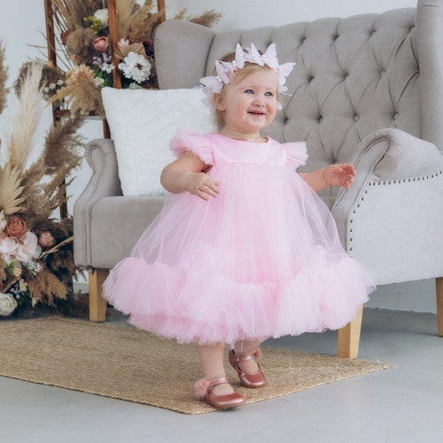 bebe light pink dress Light Pink Beige First Birthday Dress, Flower Girl Wedding, Festive Baptism  Baby, Toddler Puffy Dress, Tutu Tulle Dress, Cake Smash Gown