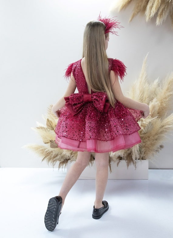Burgundy Sparkling Graduation & Birthday Girl Gown, Flower Girl Dress, Feathers Sleeve, Pageant Costume, Special Occasion Toddler Dress