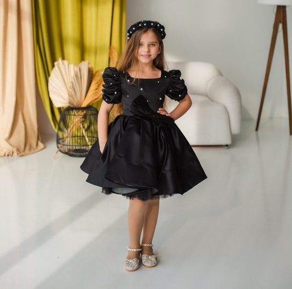 Black Birthday Party Girl Dress, Satin Toddler Dress, Flower Girl Dress,  Puffy Sleeve, Pearls Prom Dress, Special Occasion Princess Dress 