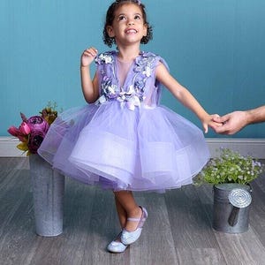 Lavender Floral Dress For Baby Girl, Flower Girl Dress, Birthday Girl Dress With 3D Flowers, Tutu Tulle Toddler Dress, 1st Birthday Dress