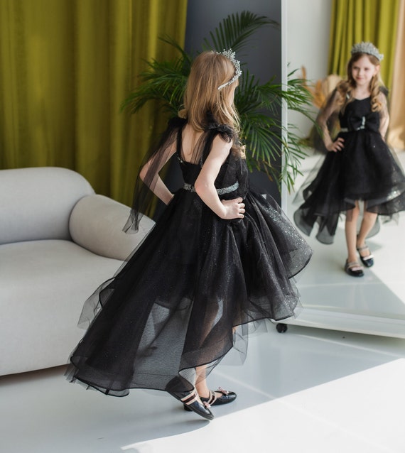Black Sparkling Princess Dress, White Birthday Girl Dress with Train, Formal Event, Pageant, Toddler Dress, Graduation, High Low, Prom Gown