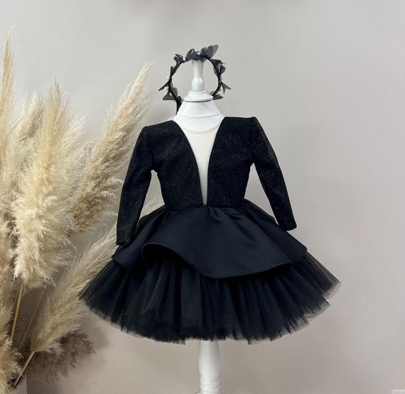 Black Glitter Birthday Girl Dress, Graduation Dress, Peplum Prom Gown, Long Sleeve, Tutu Toddler Dress, Formal Event Dress, Dress For Girl Black Glitter Birthday Girl Dress, Graduation Dress, Peplum Prom Gown, Long Sleeve, Tutu Toddler Dress, Formal Event Dress, Dress For Girl
