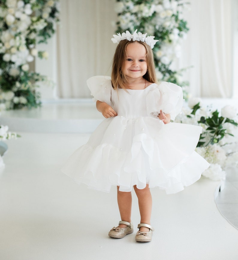 Weiß Erstkommunion & Blumenmädchen Kleid, Taufe, Geburtstags-Mädchen-Kleid, Besonderes Ereignis, Tutu Knie-Baby-Kleid, Perlen bestickt Abschlussball-Outfit Bild 3