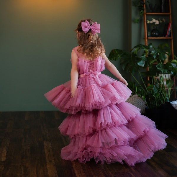 Little girls mauve tulle dress mauve flower girl dusty rose dress ruffled tulle skirt dress for girls long train dress pageant girl dress