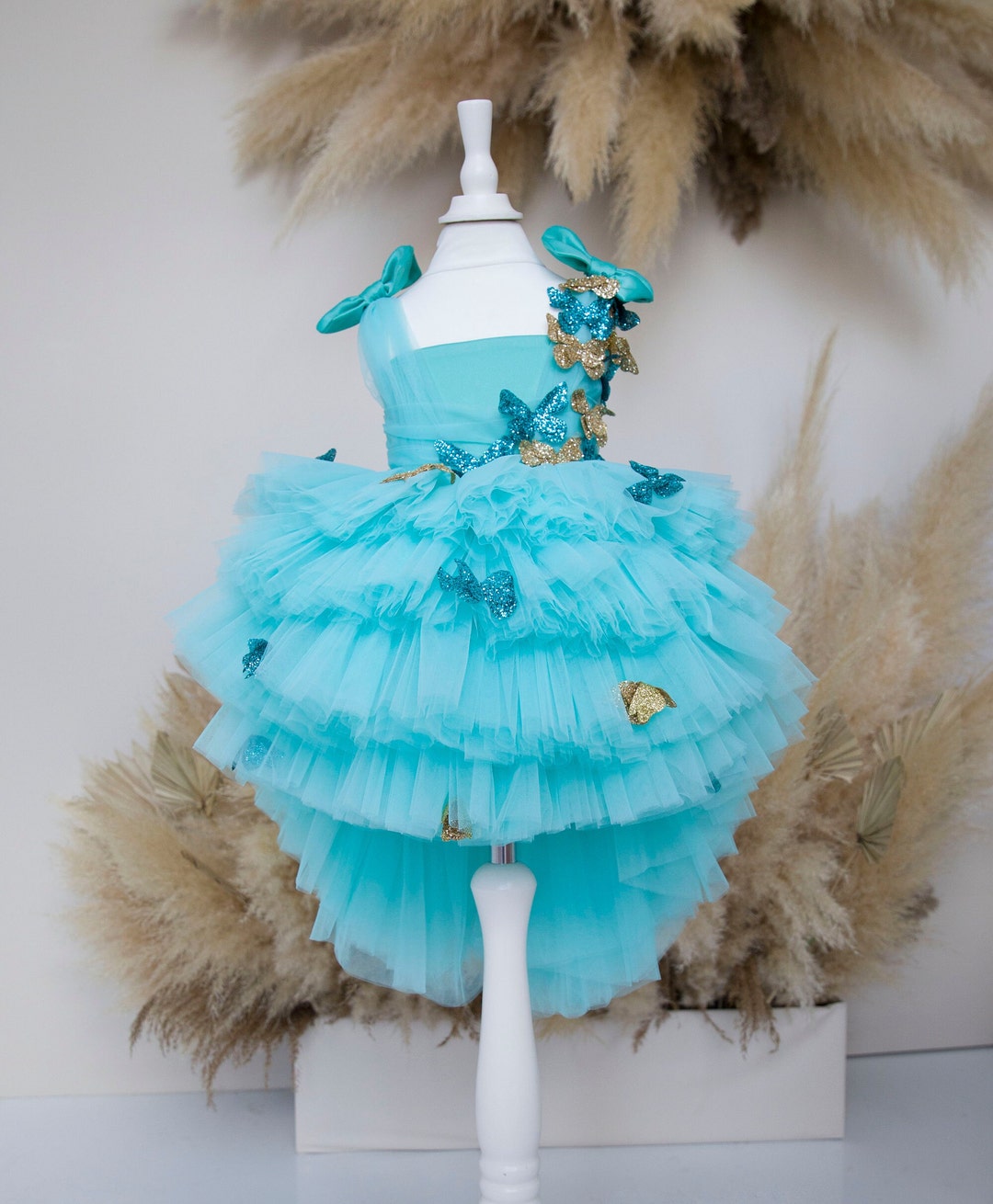 Birthday Party 3D Butterflies Mauve Tulle Ruffles Wedding Flower Girl Dress