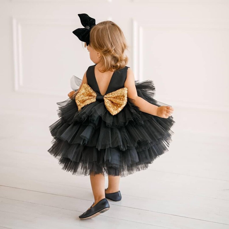 Black Girls Birthday Tiered Dress With Gold Sequin Pinned Bow - Etsy