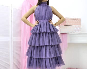Wedding guest dress mauve tulle dress women mauve tea length dress sleeveless dress for women collar neck dress bridesmaid dresses