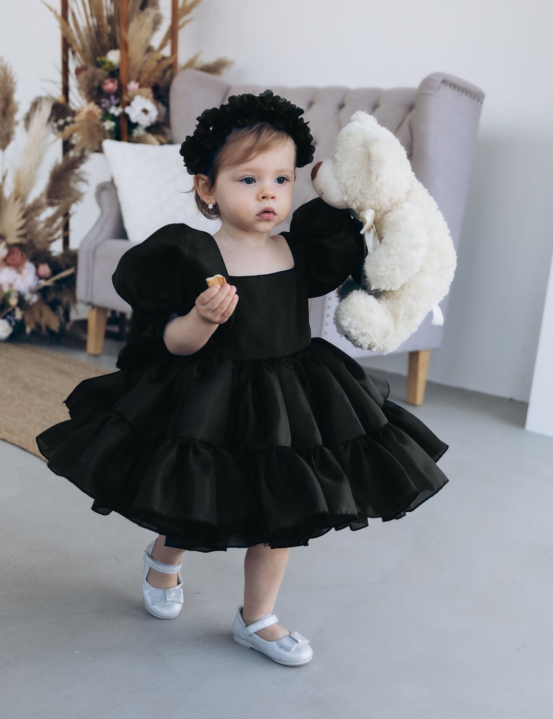 Black Birthday Girl Dress, Flower Girl Dress, Puffy Prom Gown, Pageant Organza Baby Dress, Special Occasion Dress, Smash Cake Dress