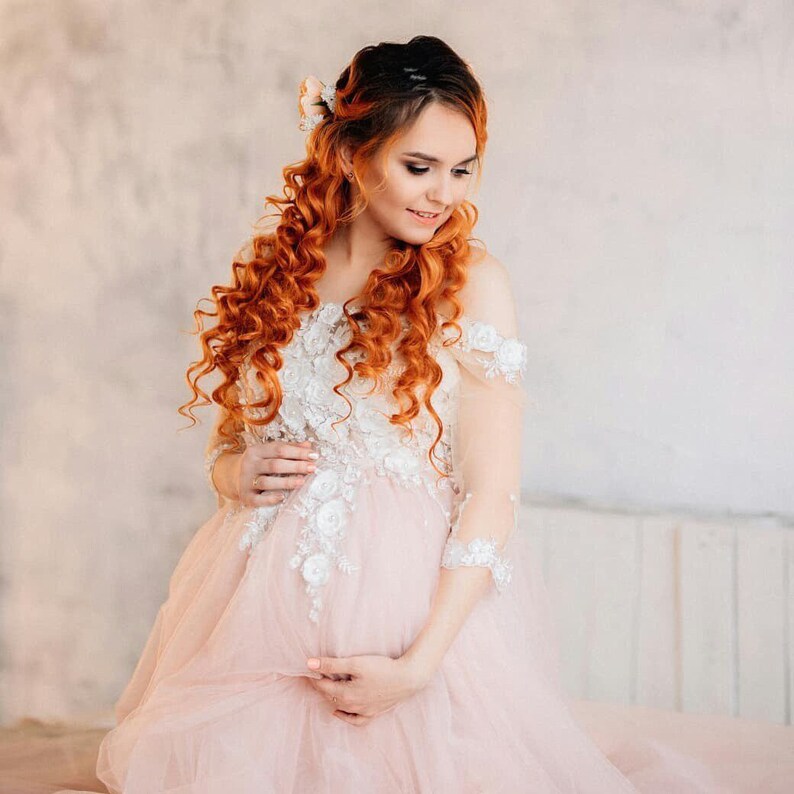 off shoulder dress for pregnancy photo props Blush bridal lace dress with train for pregnancy maternity wedding dress dress for pregnancy image 5