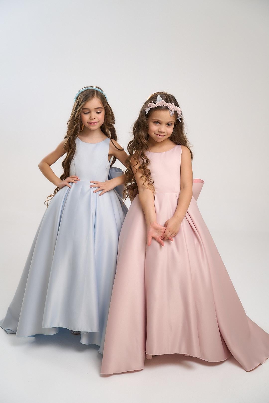 Blue Junior Mini Bridesmaid Long Dress, Flower Girl, Graduation Prom Pageant Gown, First Baby Communion, Birthday Princess Party Outfit
