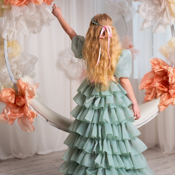 Sage Green Flower Girl & Prom Ball Maxi Gown, Multilayered Puffy Ruffles, Modern Birthday Look, Pageant, Party Girl Toddler Spring Dress