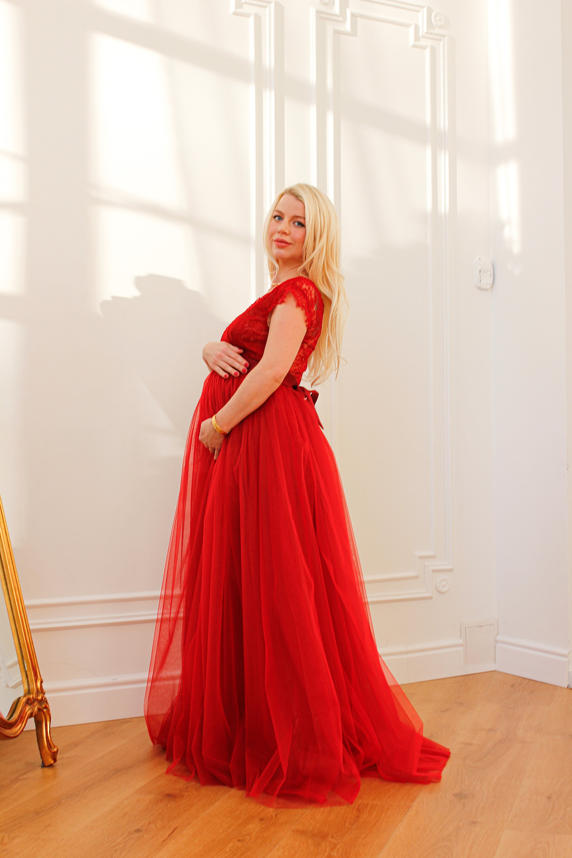 Lady in red Baby shower dress Maternity lace dress Etsy