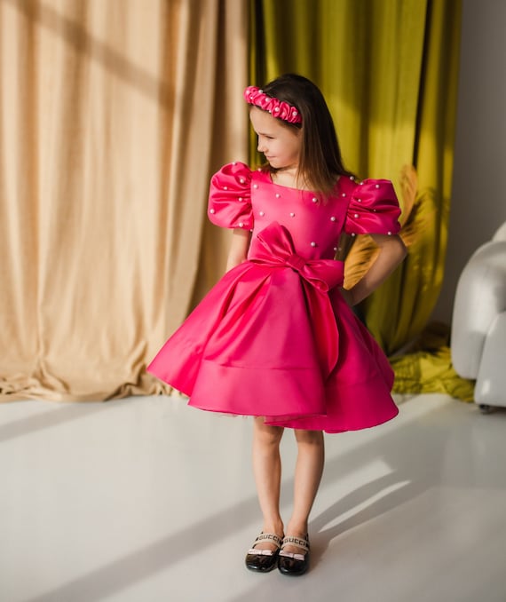 Pink Birthday Baby Girl Dress, Wedding Guest Toddler Dress, Flower Girl, Puffy Sleeve, Pearls Prom, Formal Event Princess Dress, Graduation Pink Birthday Baby Girl Dress, Wedding Guest Toddler Dress, Flower Girl, Puffy Sleeve, Pearls Prom, Formal Event Princess Dress, Graduation