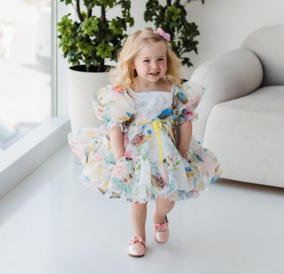 Floral Bird Print Baby Dress, First Birthday Dress, Flower Girl Dress, Puffy Toddler Dress, Cake Smash, Special Occasion Infant Dress