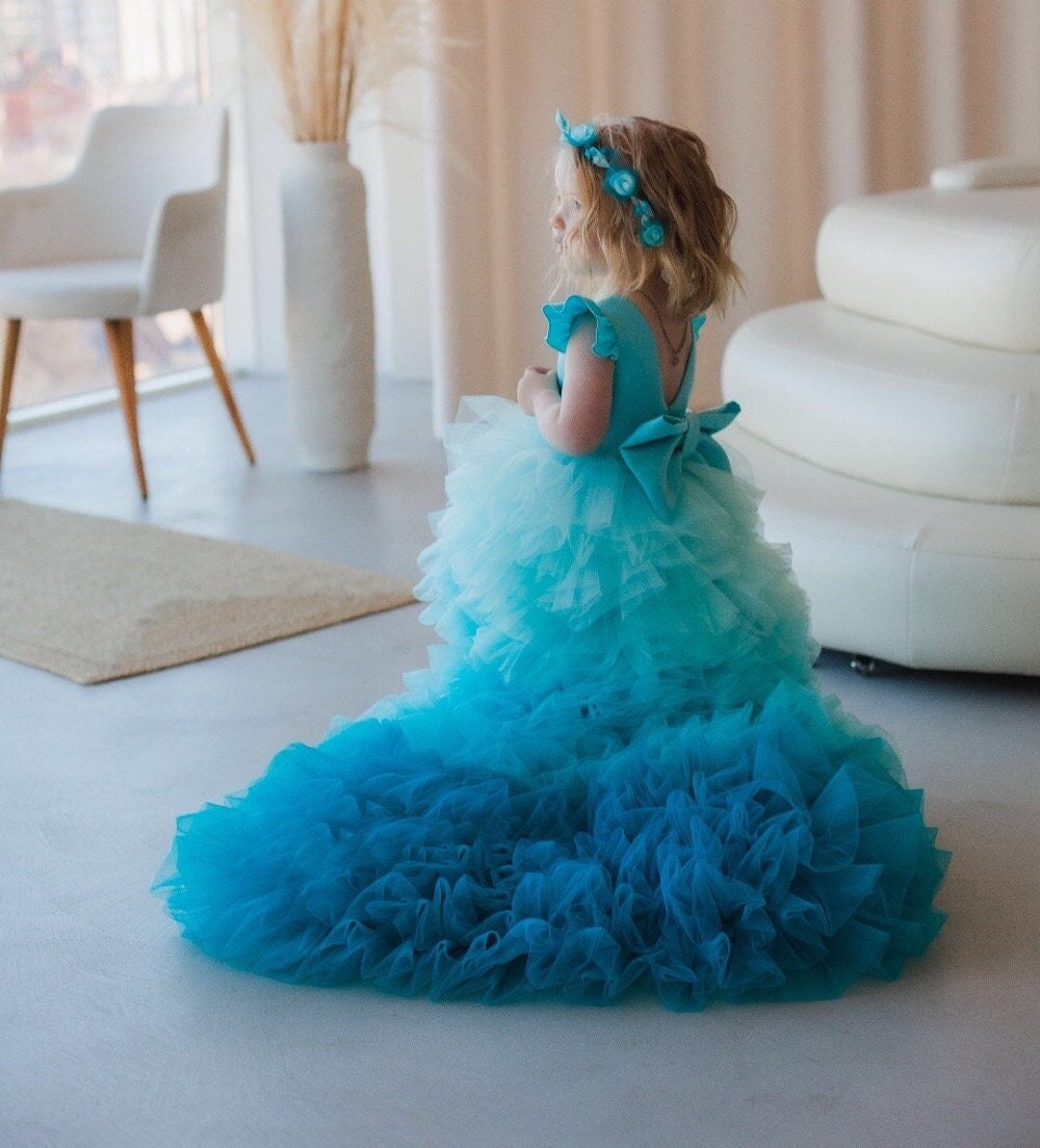 Turquoise First Birthday Dress, Flower Girl Dress With Sweep Train
