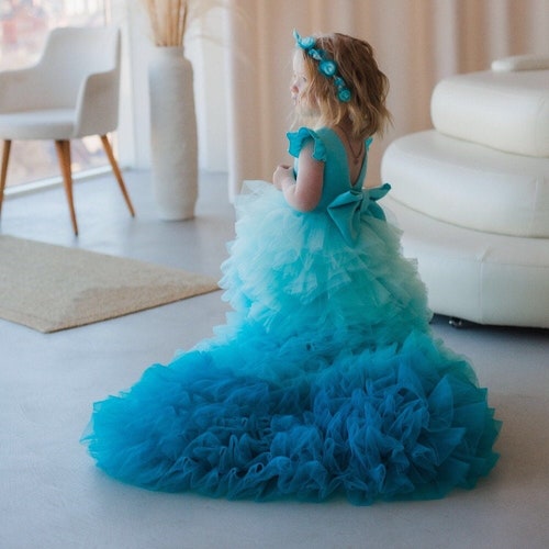 Turquoise First Birthday Dress, Flower Girl Dress With Sweep Train, Puffy Prom Ball Gown, Ombre Pageant Dress, Special Occasion Girl Dress Turquoise First Birthday Dress, Flower Girl Dress With Sweep Train, Puffy Prom Ball Gown, Ombre Pageant Dress, Special Occasion Girl Dress